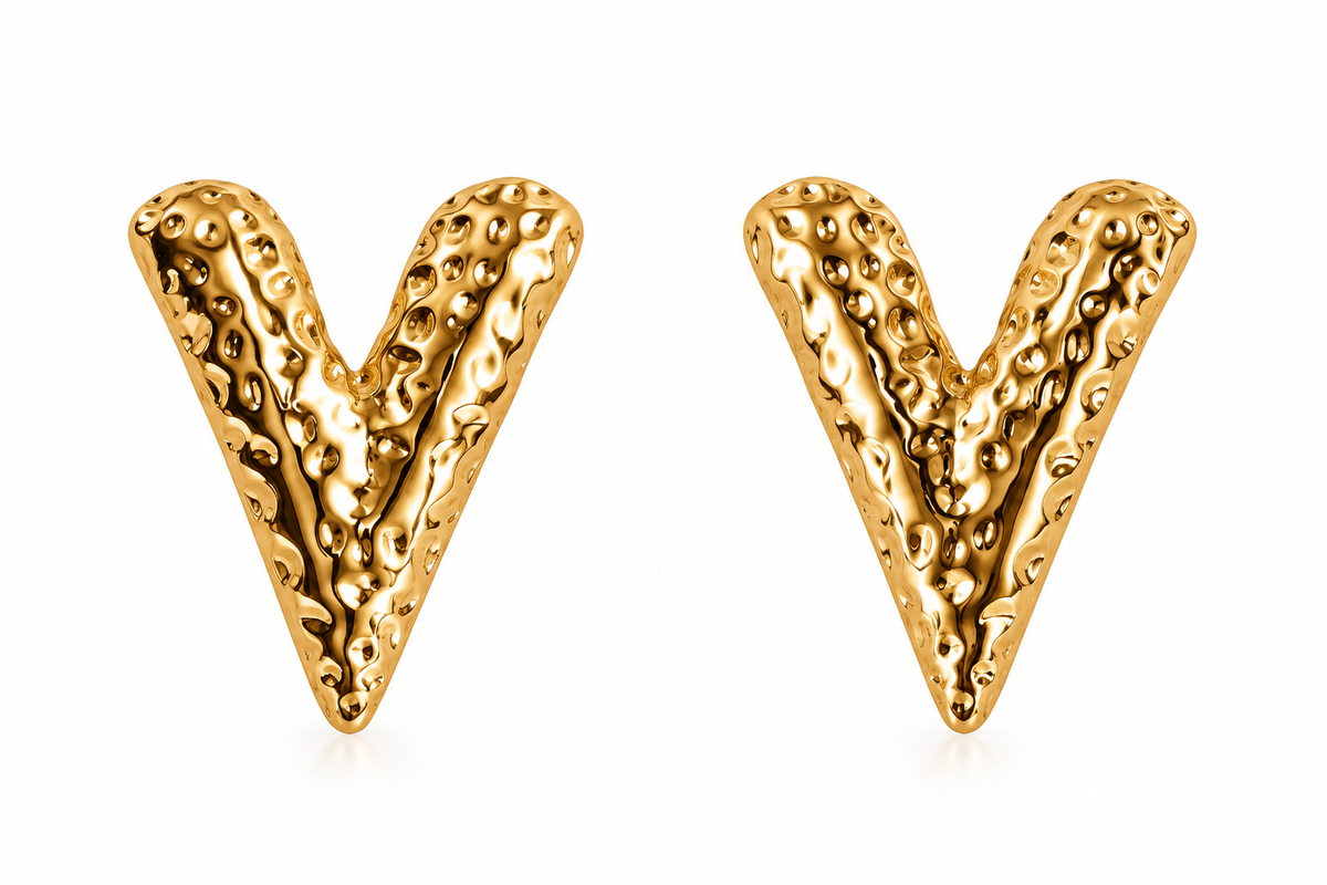 Gold Plated Anti Tarnish Chunky V Shape Stud Earrings for Women on a white background