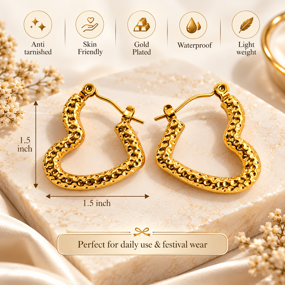 Gold Plated Anti Tarnish Crushed Heart Hoop Earrings for Women product feature