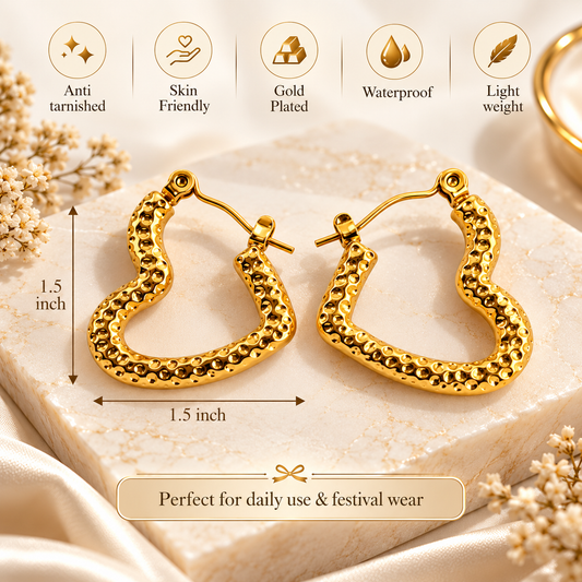 Gold Plated Anti Tarnish Crushed Heart Hoop Earrings for Women product feature