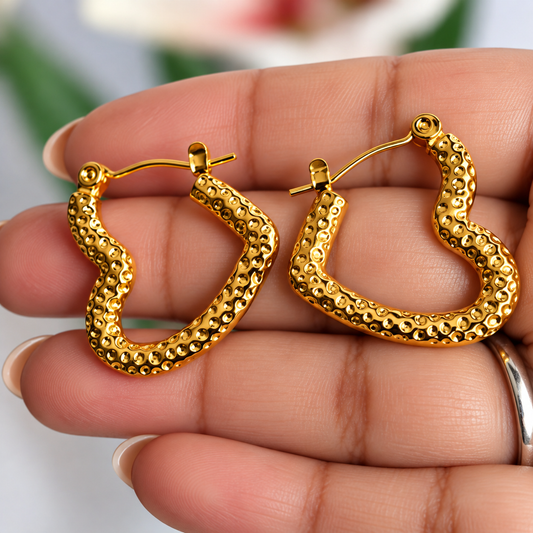 Gold Plated Anti Tarnish Crushed Heart Hoop Earrings for Women