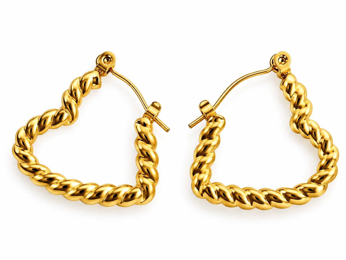 Gold Plated Anti Tarnish Honeycomb Heart Hoop Earrings for Women on white background