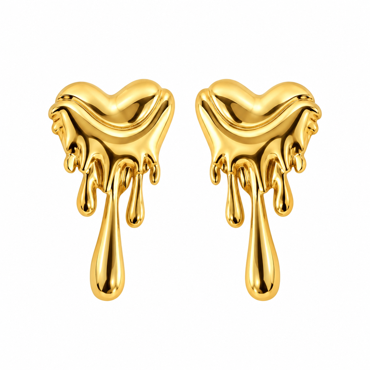 Gold Plated Anti Tarnish Melted Heart Stud Earrings for Women on a white background