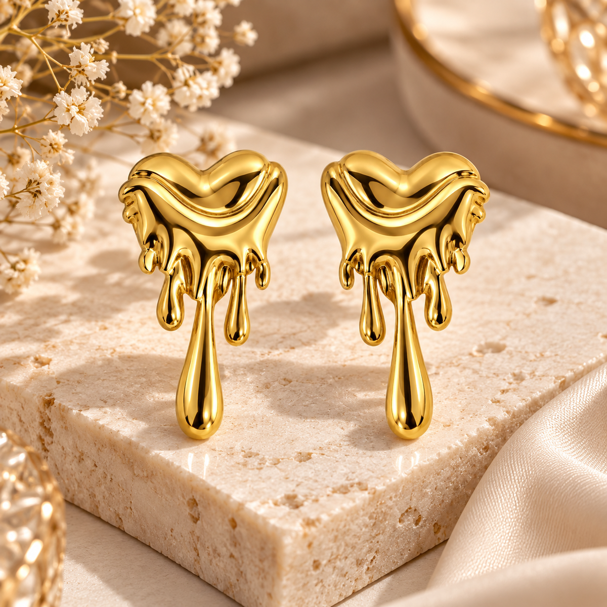 Gold Plated Anti Tarnish Melted Heart Stud Earrings for Women