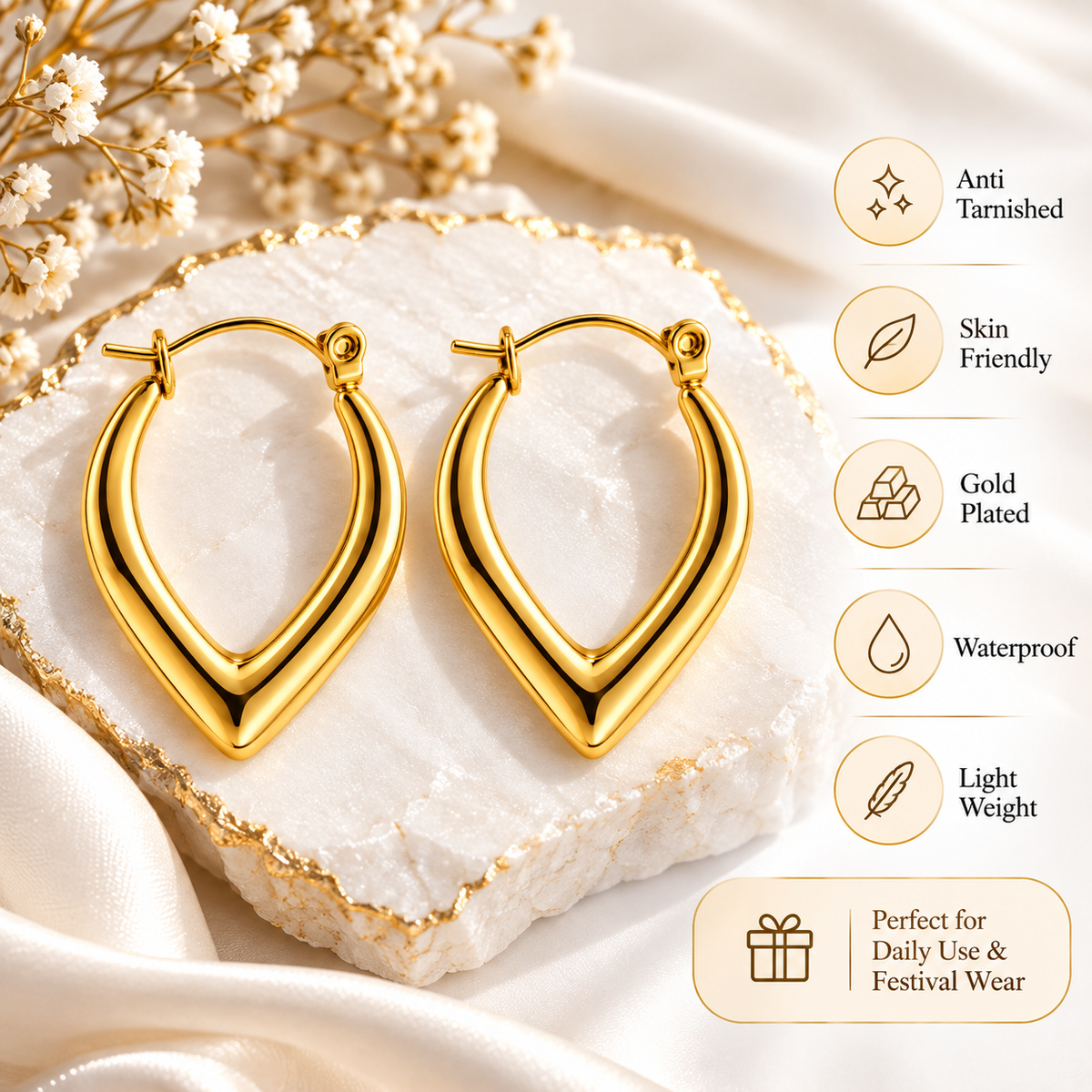 Gold Plated Anti Tarnish Oval Hoop Earrings for Women product features