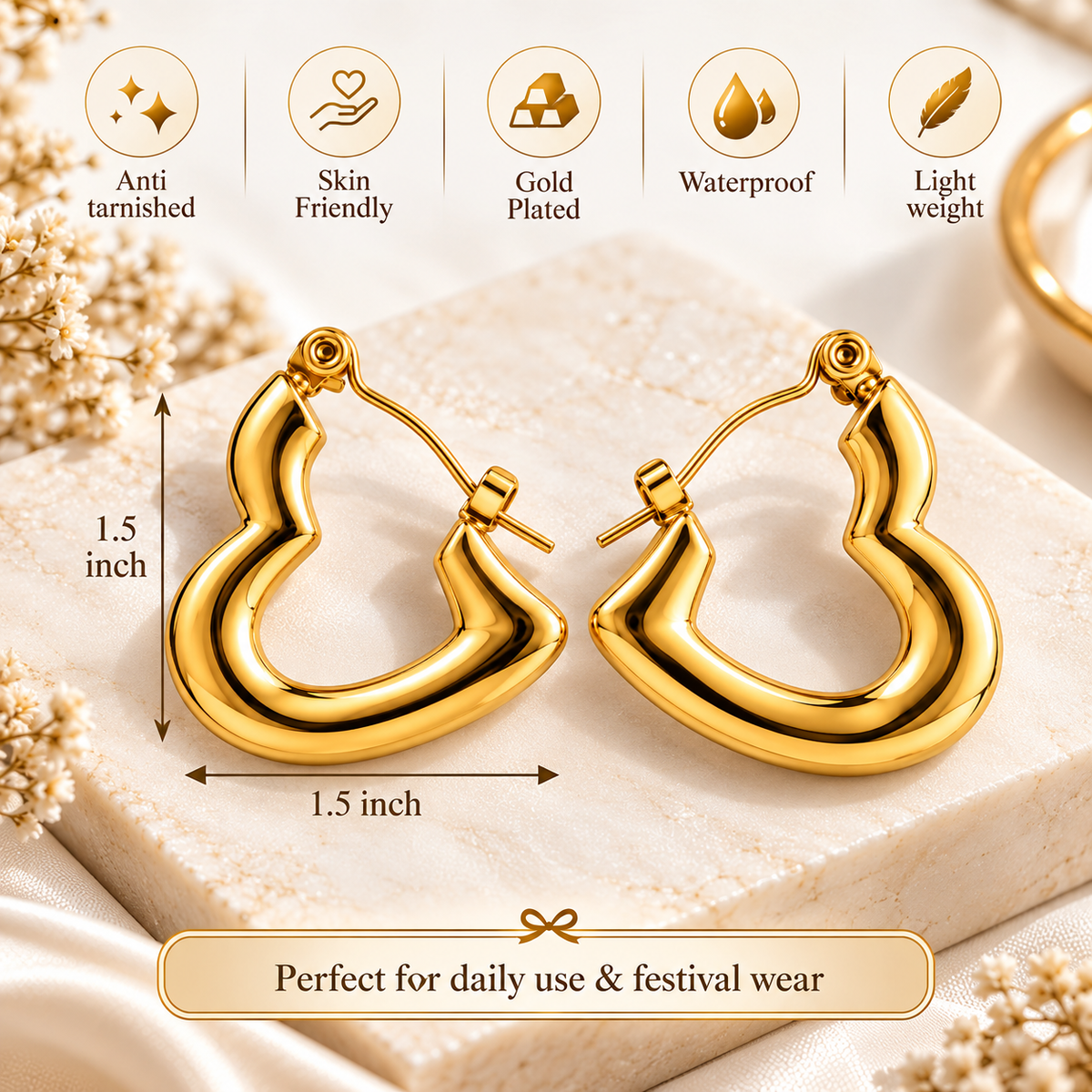 Gold Plated Anti Tarnish Plain Heart Hoop Earrings for Women product features