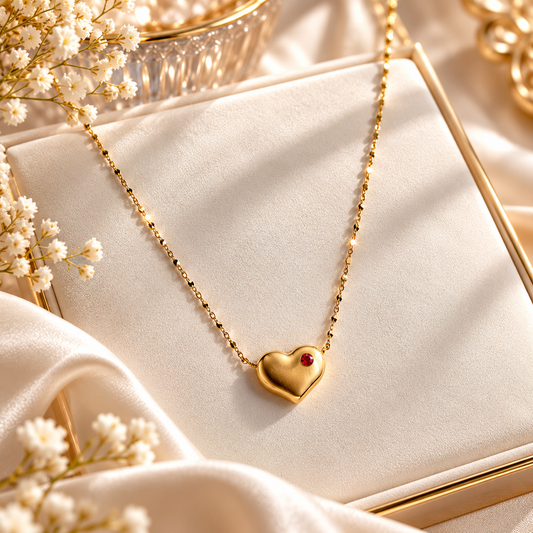 Gold Plated Anti-Tarnish Red Stone Minimal Heart Necklace for Women