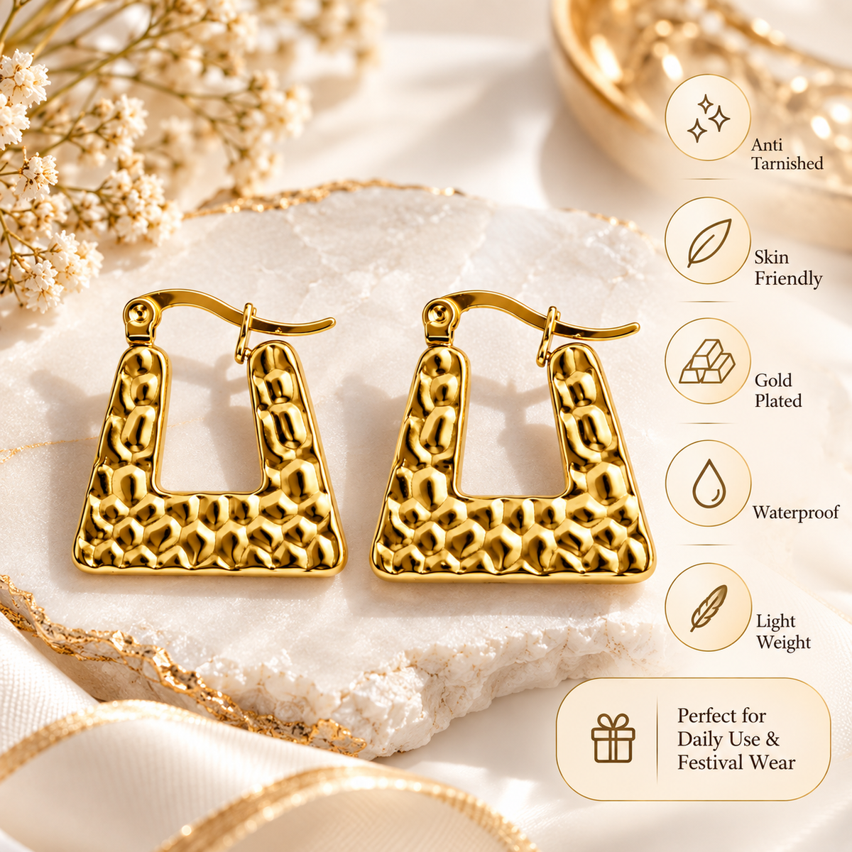 Gold Plated Anti Tarnish Square Hoop Earrings for Women product feature