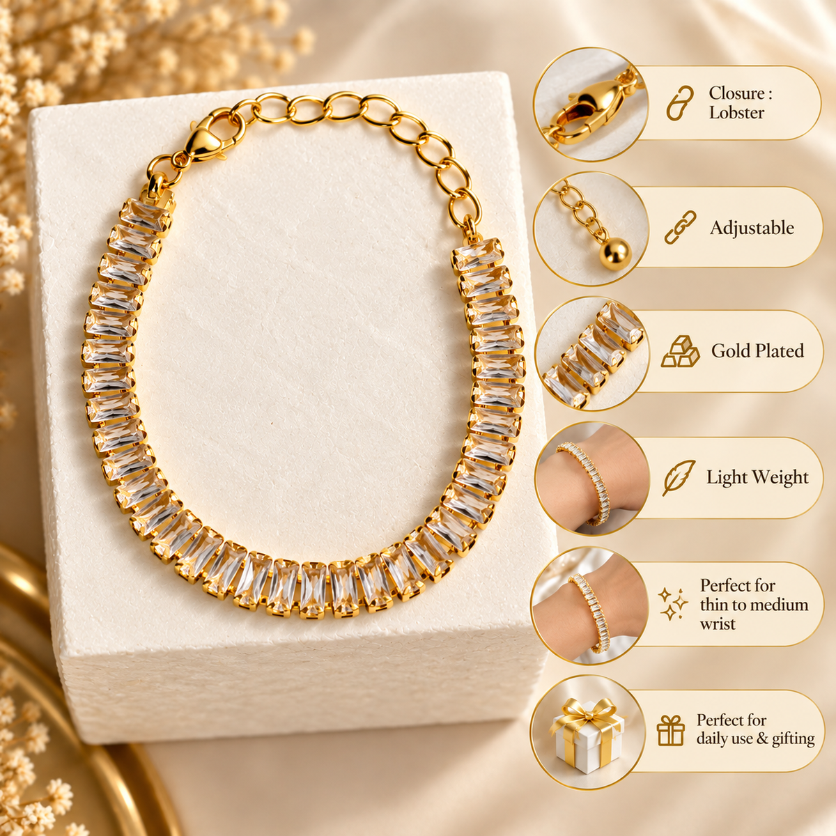 Gold Plated White Tennis Bracelet for Women product features