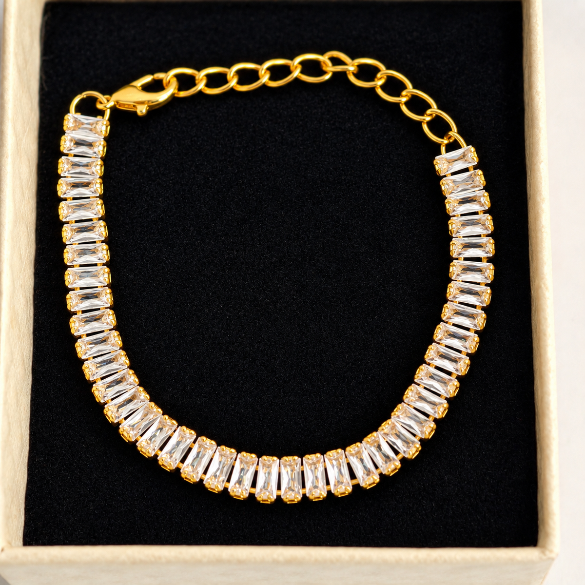 Gold Plated White Tennis Bracelet for Women on a black velvet