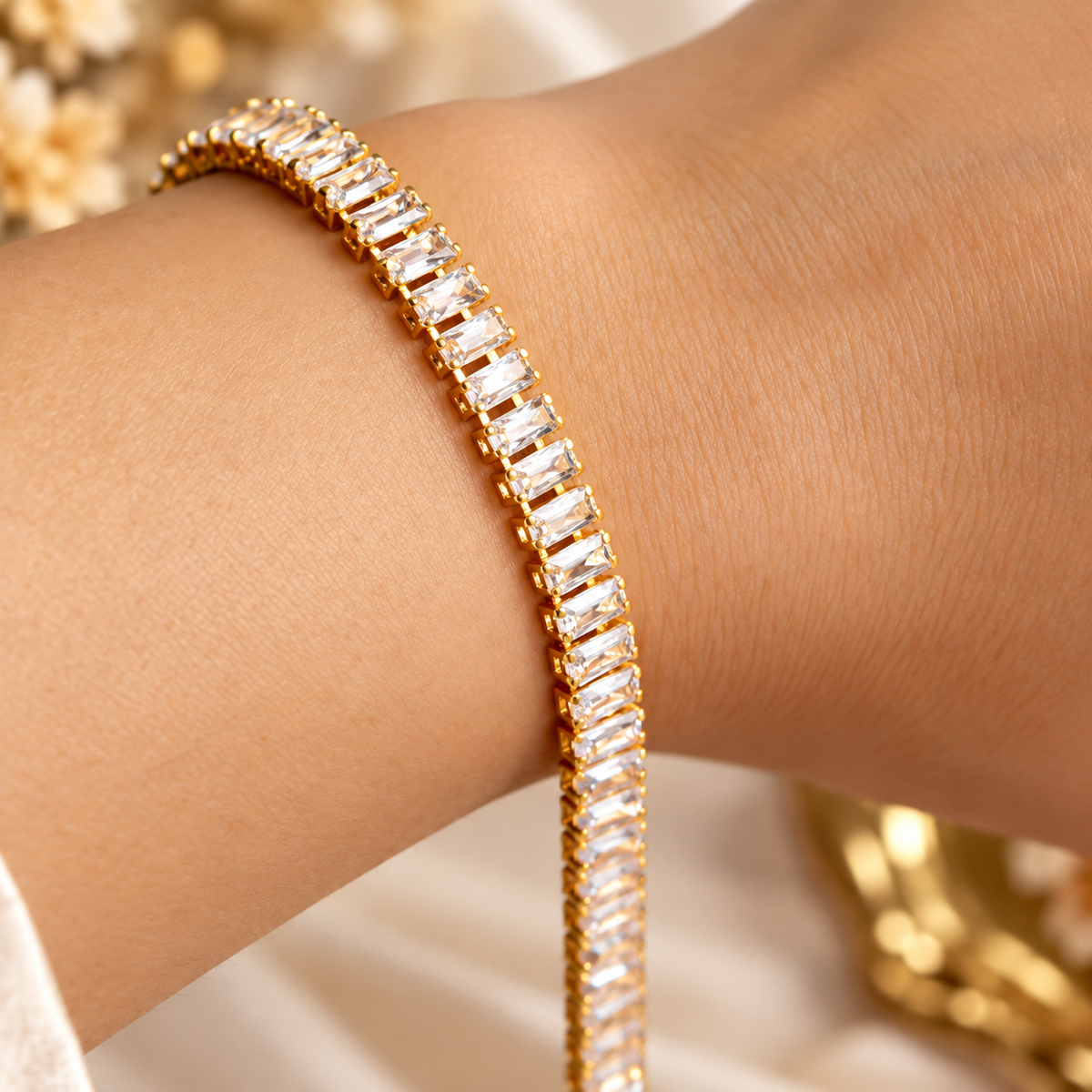 Gold Plated White Tennis Bracelet for Women on hand