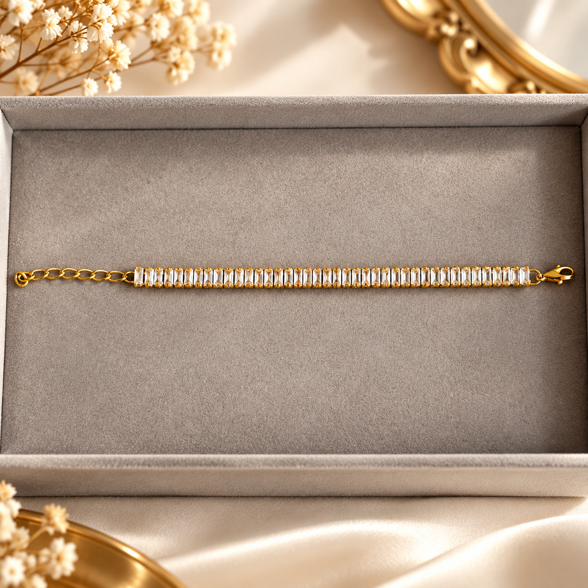 Gold Plated White Tennis Bracelet for Women on a jewellery tray