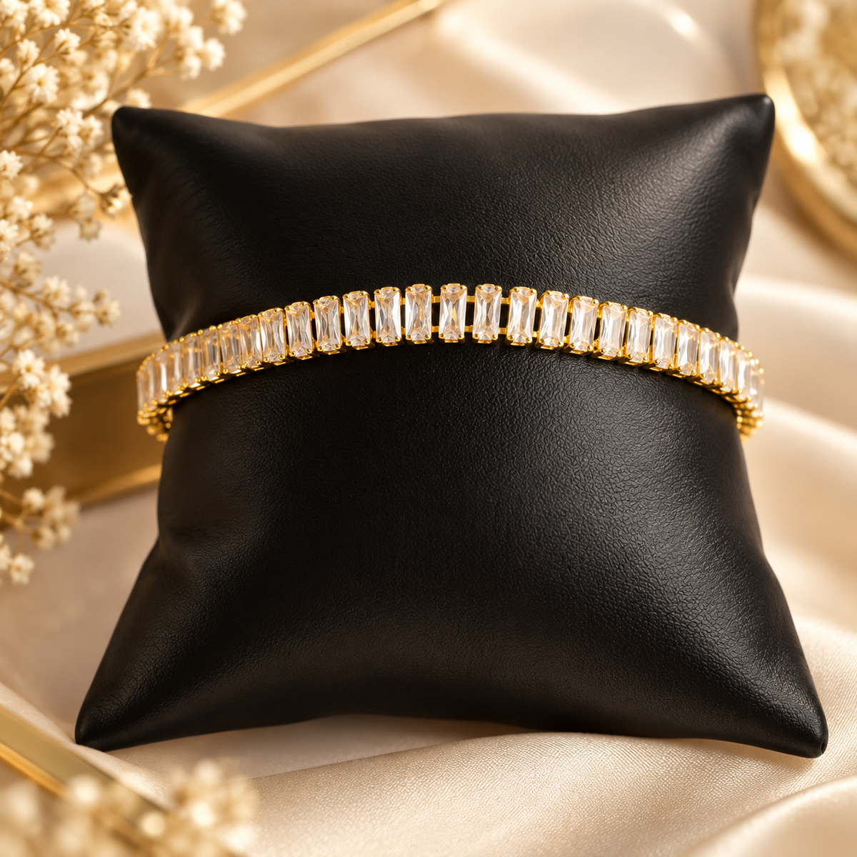 Gold Plated White Tennis Bracelet for Women displayed on a pillow