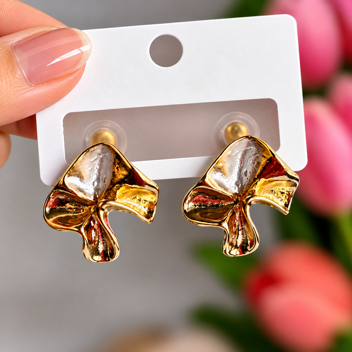 Gold and White Dual Tone Bow Stud Earrings for Women