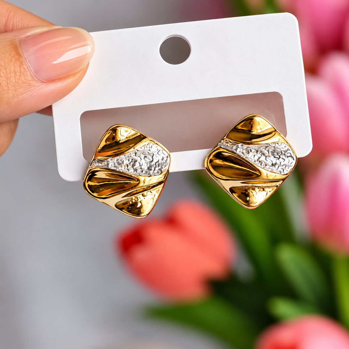 Gold and White Dual Tone Textured Stud Earrings for Women