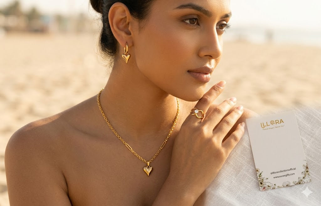 Woman wearing Golden Amour Heart Gold Plated Anti-Tarnish 4-Piece Jewellery set against a blurred background