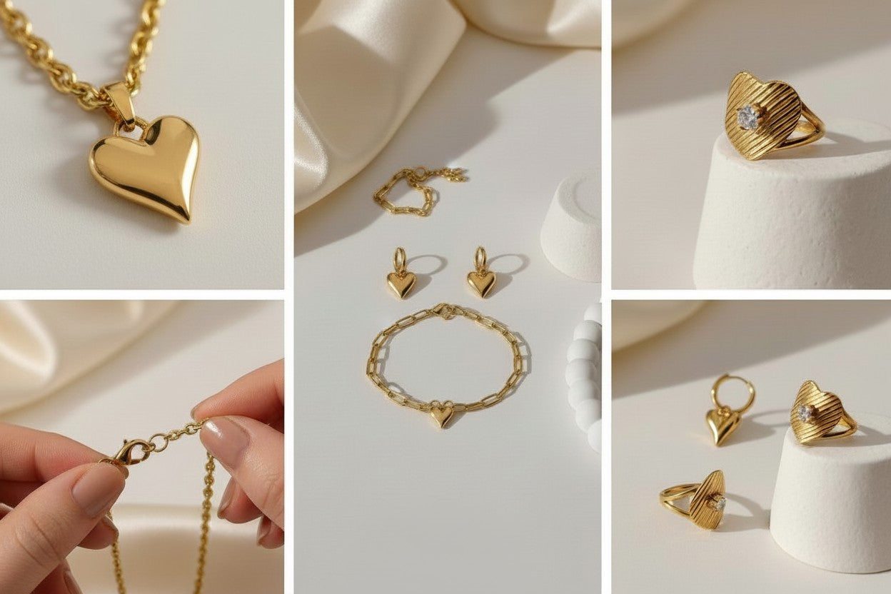 Collage of gold-plated, anti-tarnish Heart Necklace, Bracelet, Earrings and full heart Ring on a neutral background.