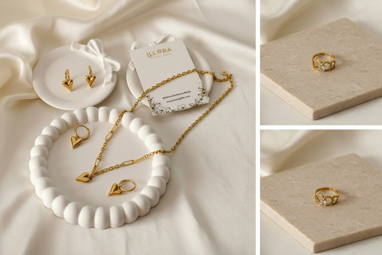 Golden Amour Heart 4-piece Set with hollow Heart Ring on a white linen