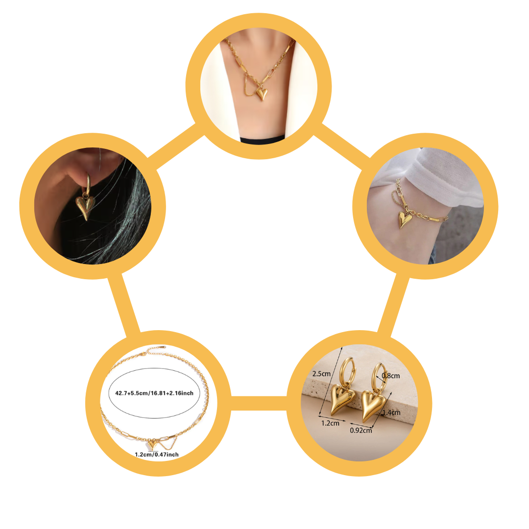 Golden Amour Heart Gold Plated Anti-Tarnish 4-Piece Jewellery Set for Women with close-up views and measurements on a white background