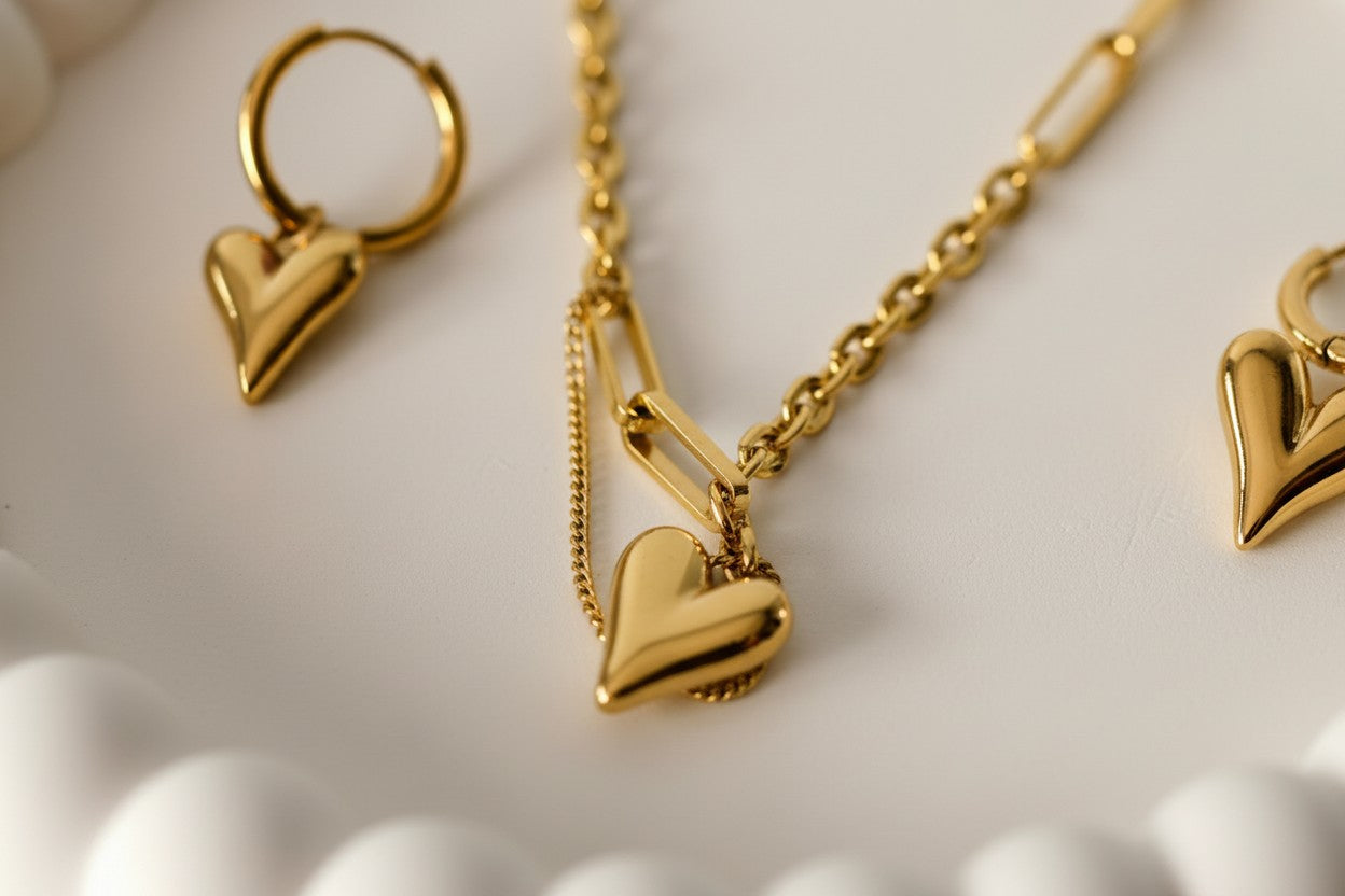 Gold-plated Heart Necklace and matching Earrings on a white background