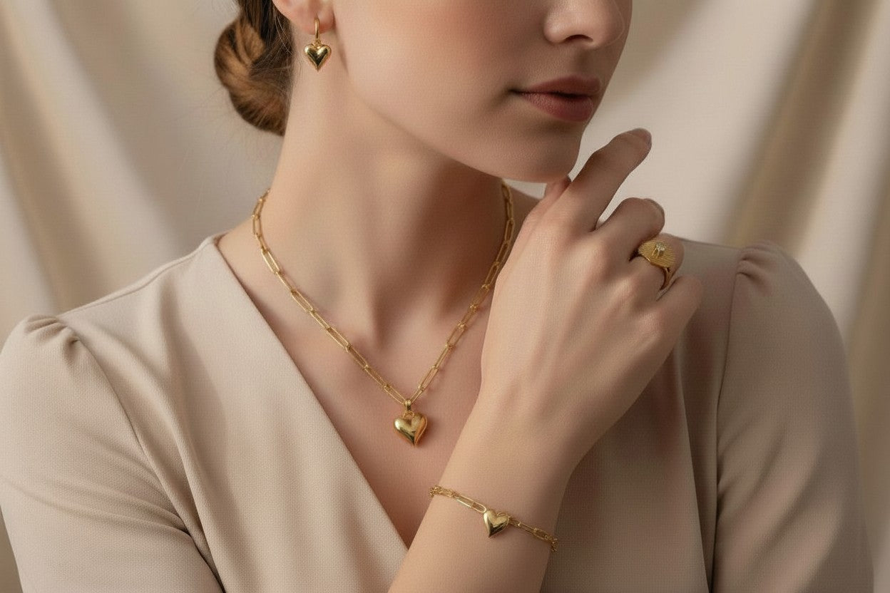 Woman wearing Golden Amour Heart Gold Plated Anti-Tarnish 4-Piece Jewellery Set with 1 Big Full Heart Ring against a neutral background.