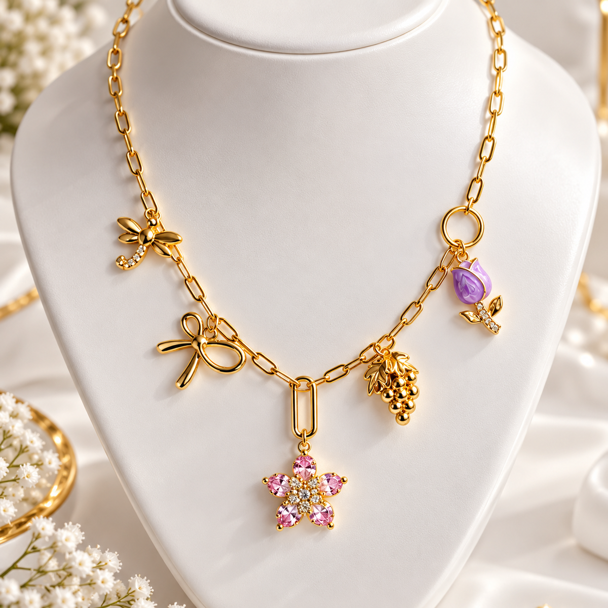 Gold Plated Anti Tarnish Charms & Rotating Flower Pendant Necklace for Women - tulip & bow