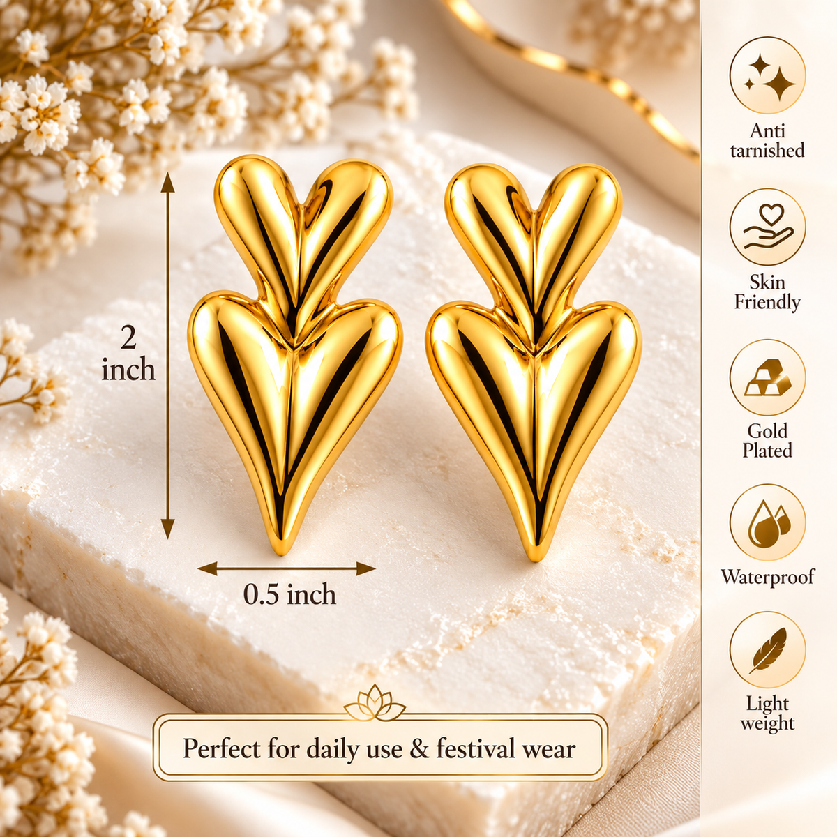 Gold Plated Anti Tarnish Double Heart Chunky Stud for Women features