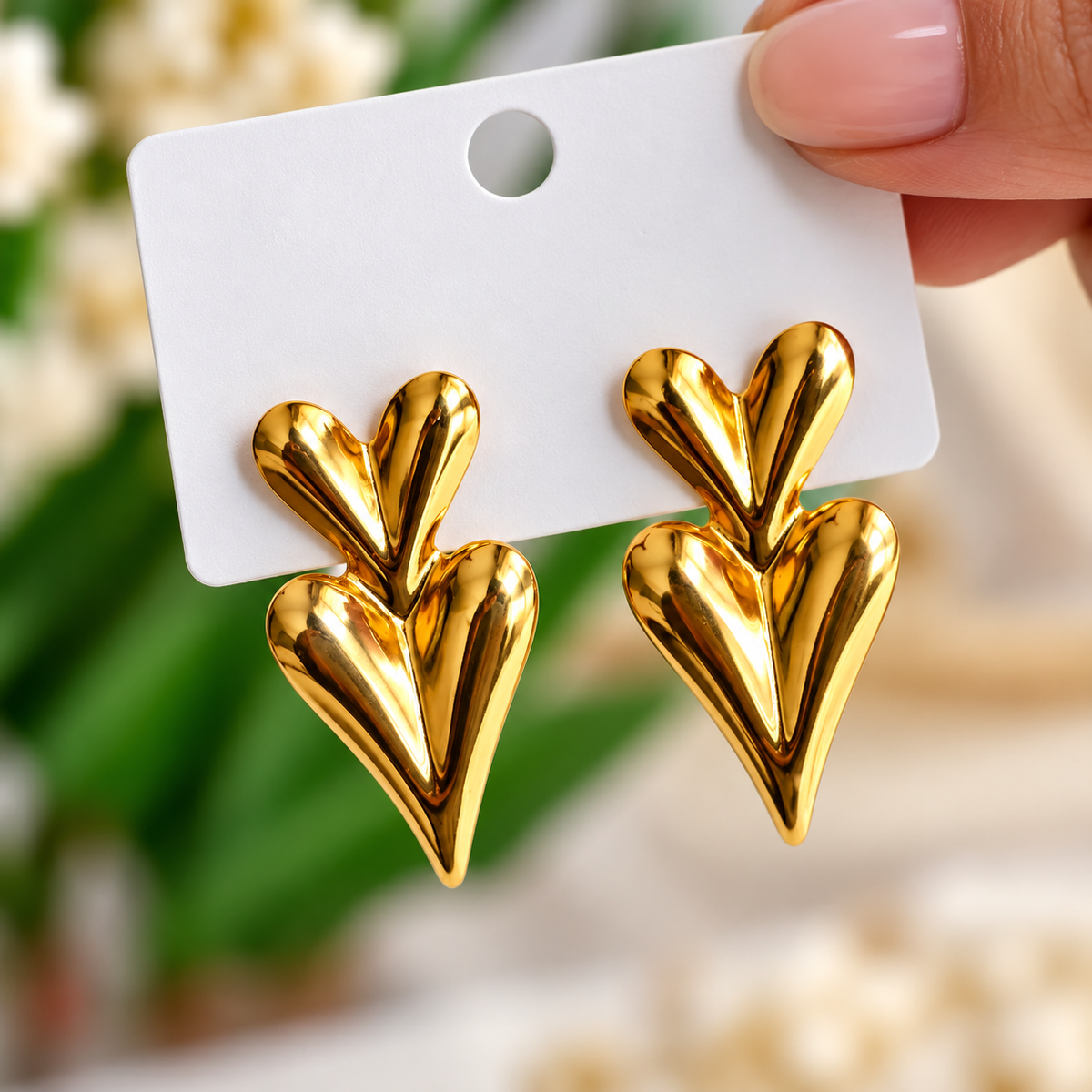 Gold Plated Anti Tarnish Double Heart Chunky Stud for Women