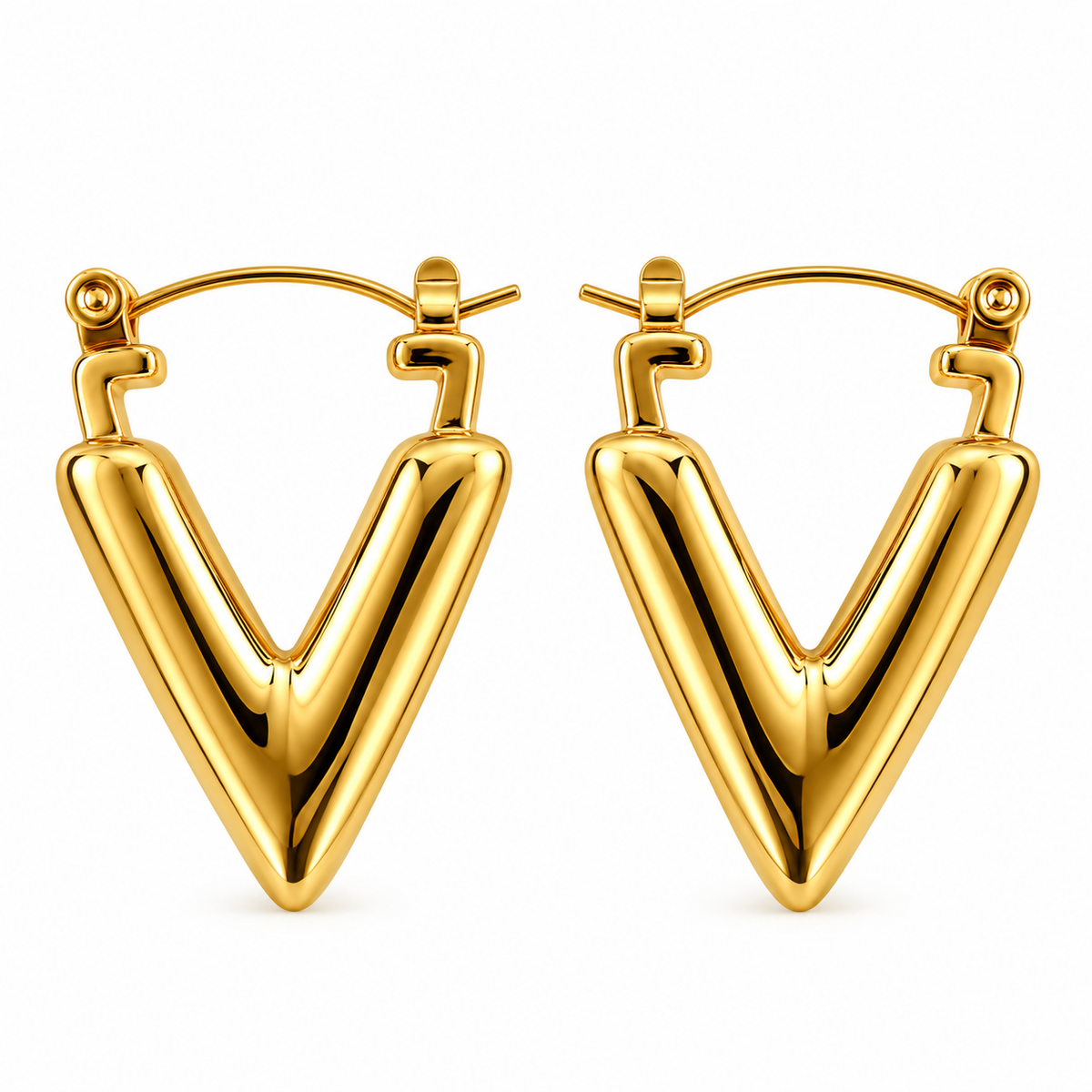 Gold Plated Anti Tarnish V Shape Hoop Earrings for Women on white background