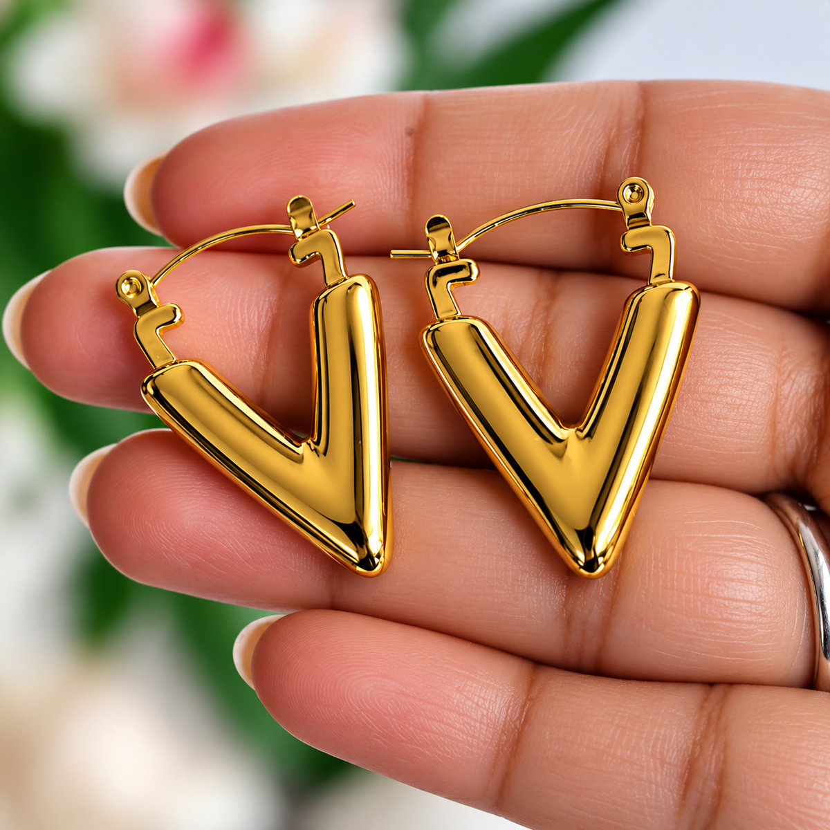 Gold Plated Anti Tarnish V Shape Hoop Earrings for Women