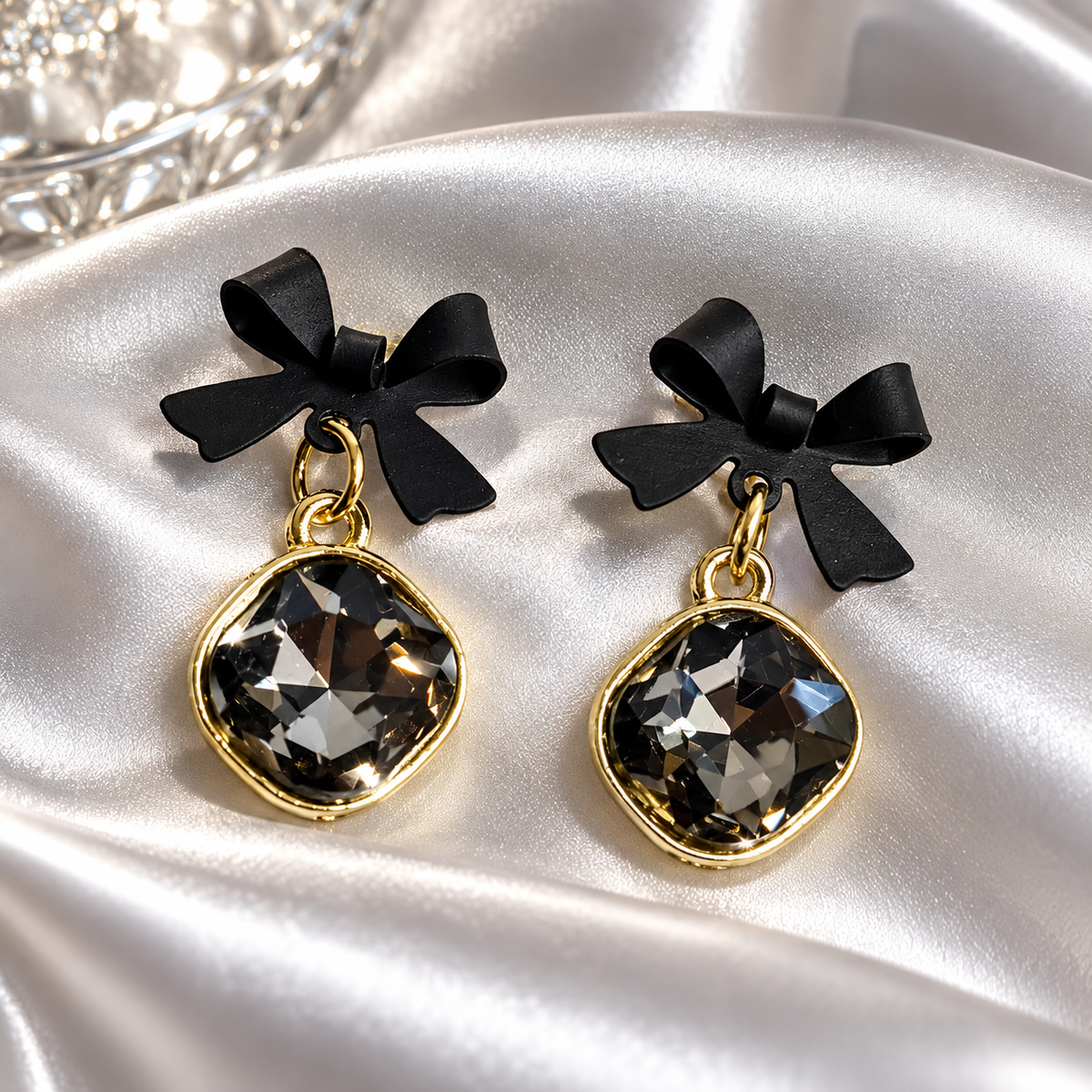 Gold Toned Black Bow Black Stone Dangler Earrings for Women