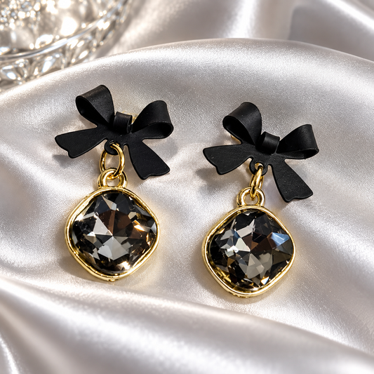 Gold Toned Black Bow Black Stone Dangler Earrings for Women