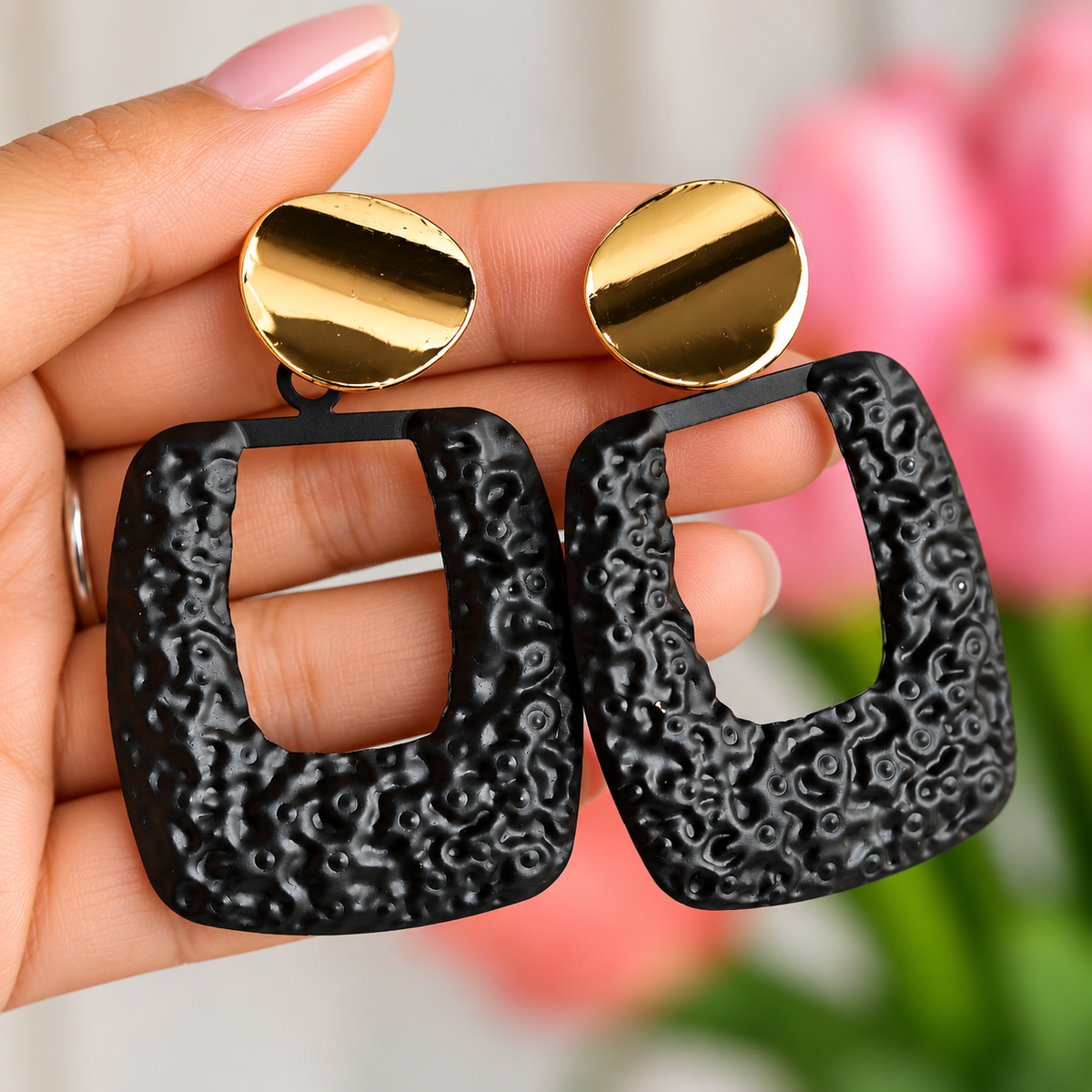 Gold Toned Black Textured Square Stud Earrings for Women