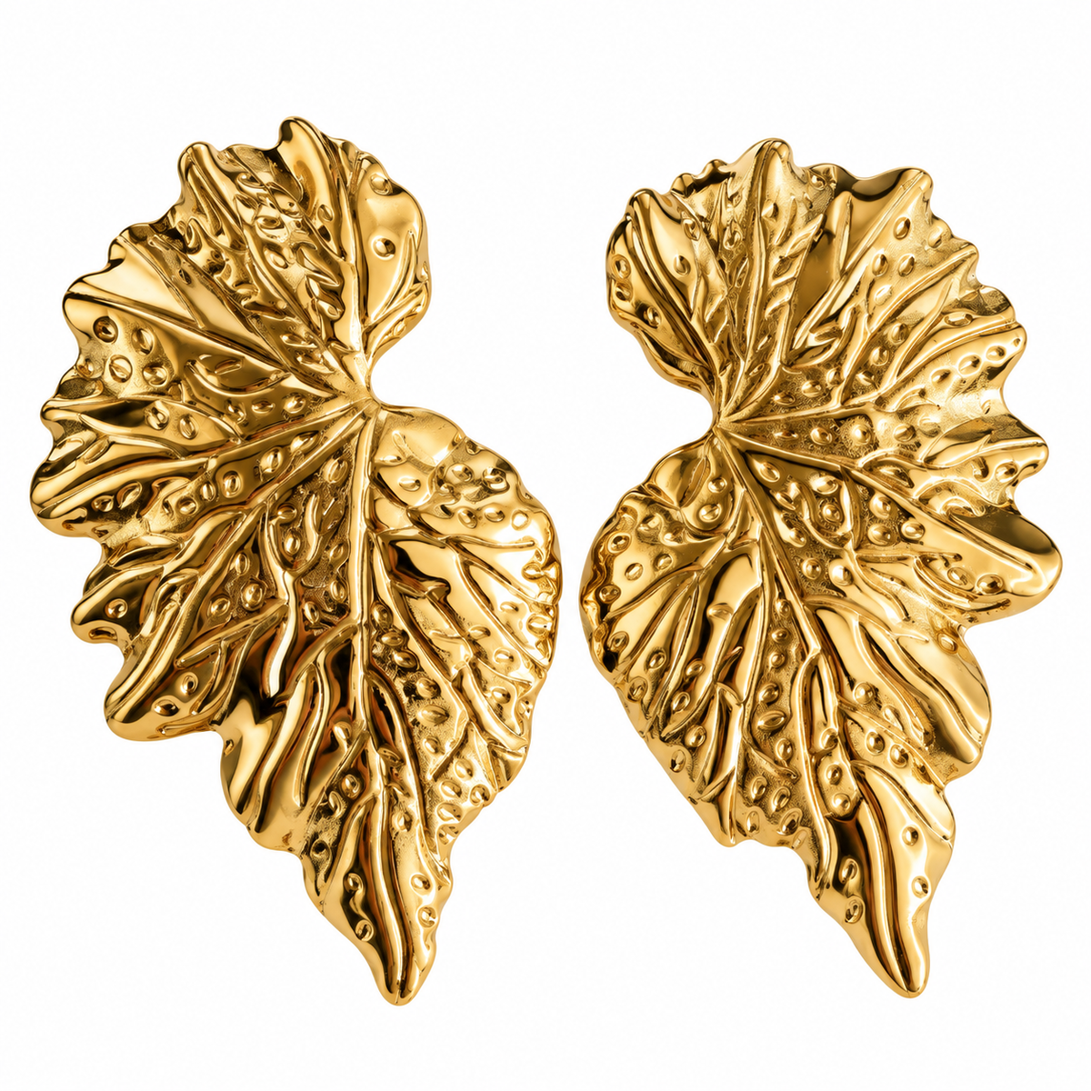Gold Toned Chunky Big Leaf Stud Earrings for Women on white background