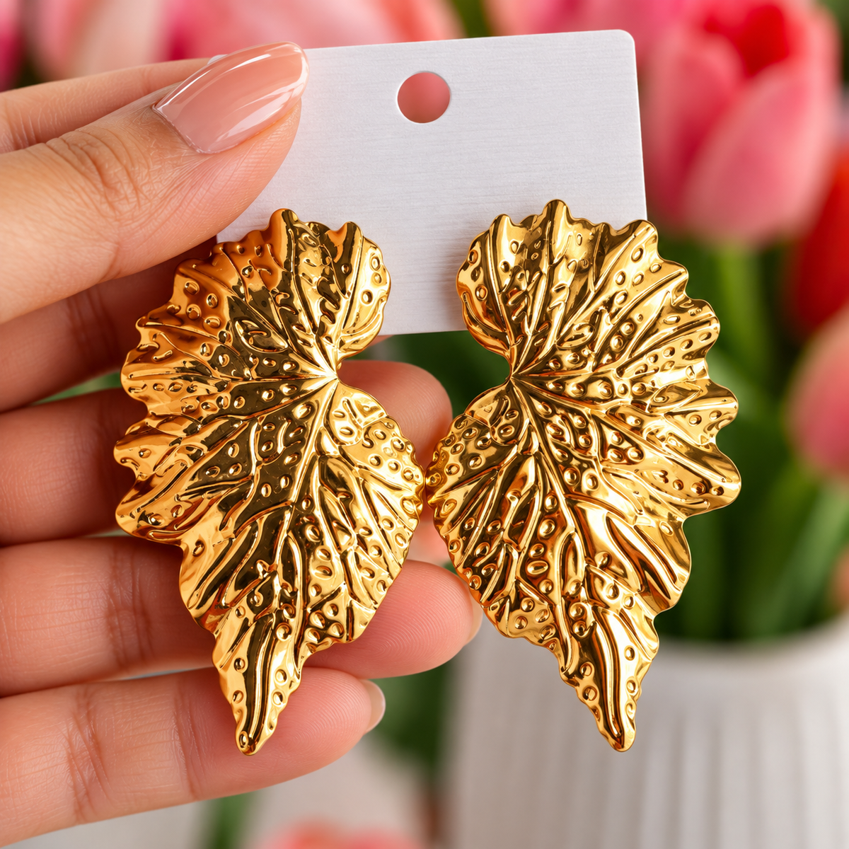 Gold Toned Chunky Big Leaf Stud Earrings for Women