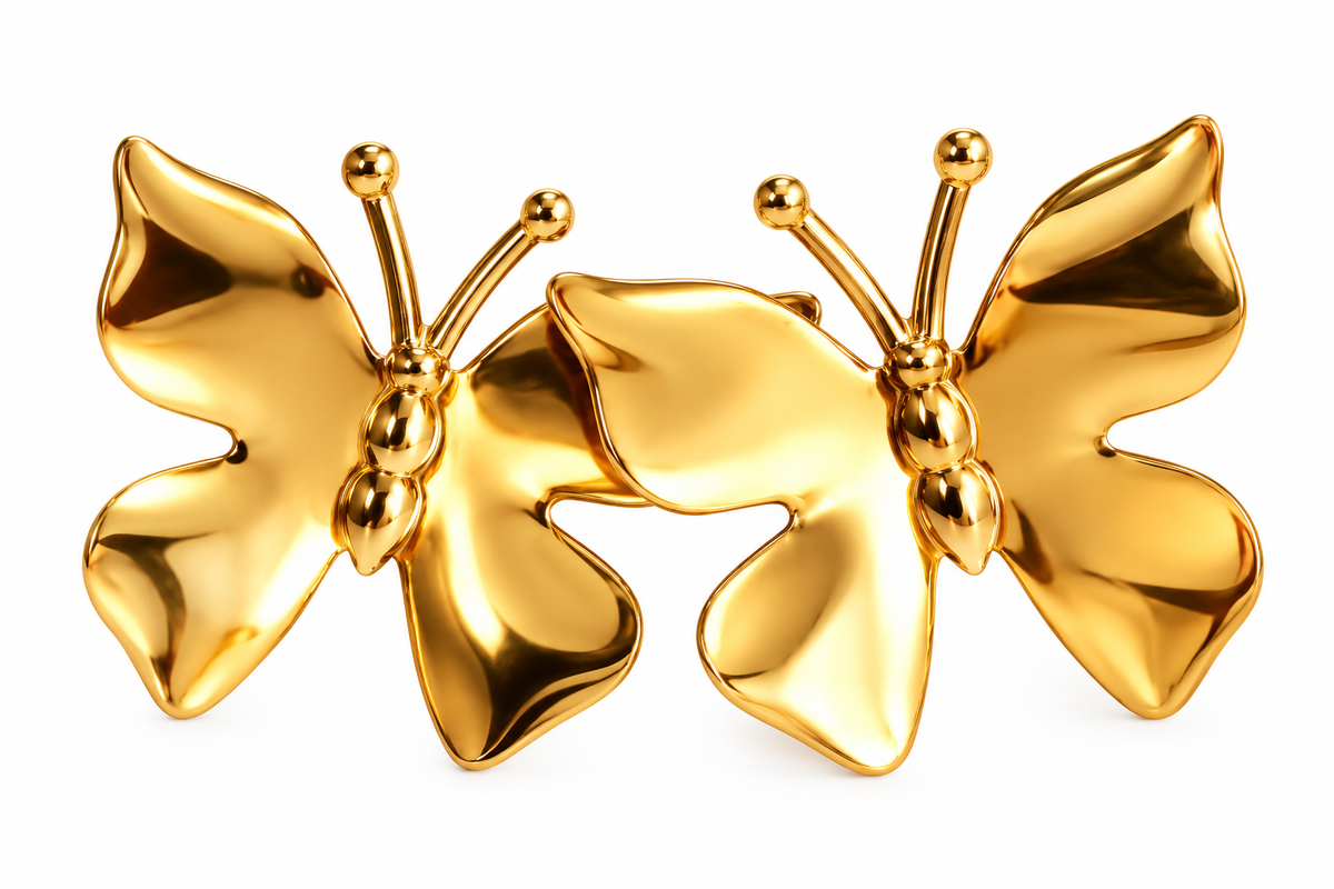 Gold Toned Chunky Butterfly Stud Earrings for Women on white background