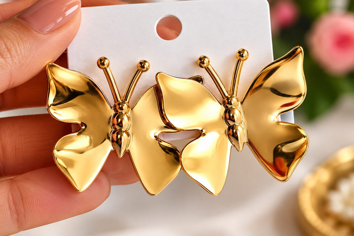Gold Toned Chunky Butterfly Stud Earrings for Women