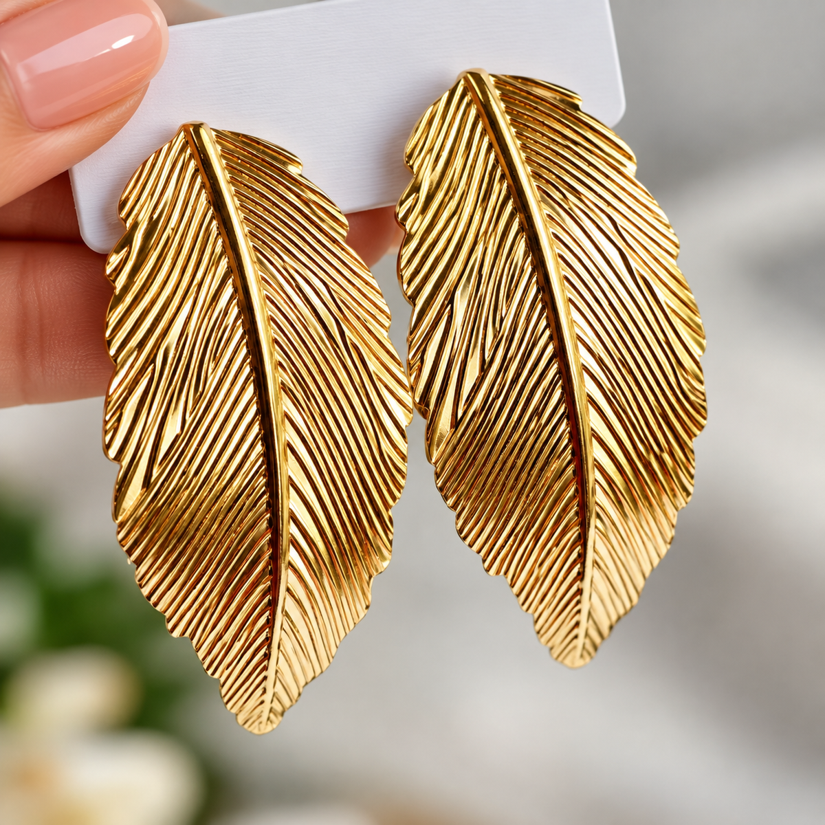 Gold Toned Chunky Feather Stud Earrings for Women