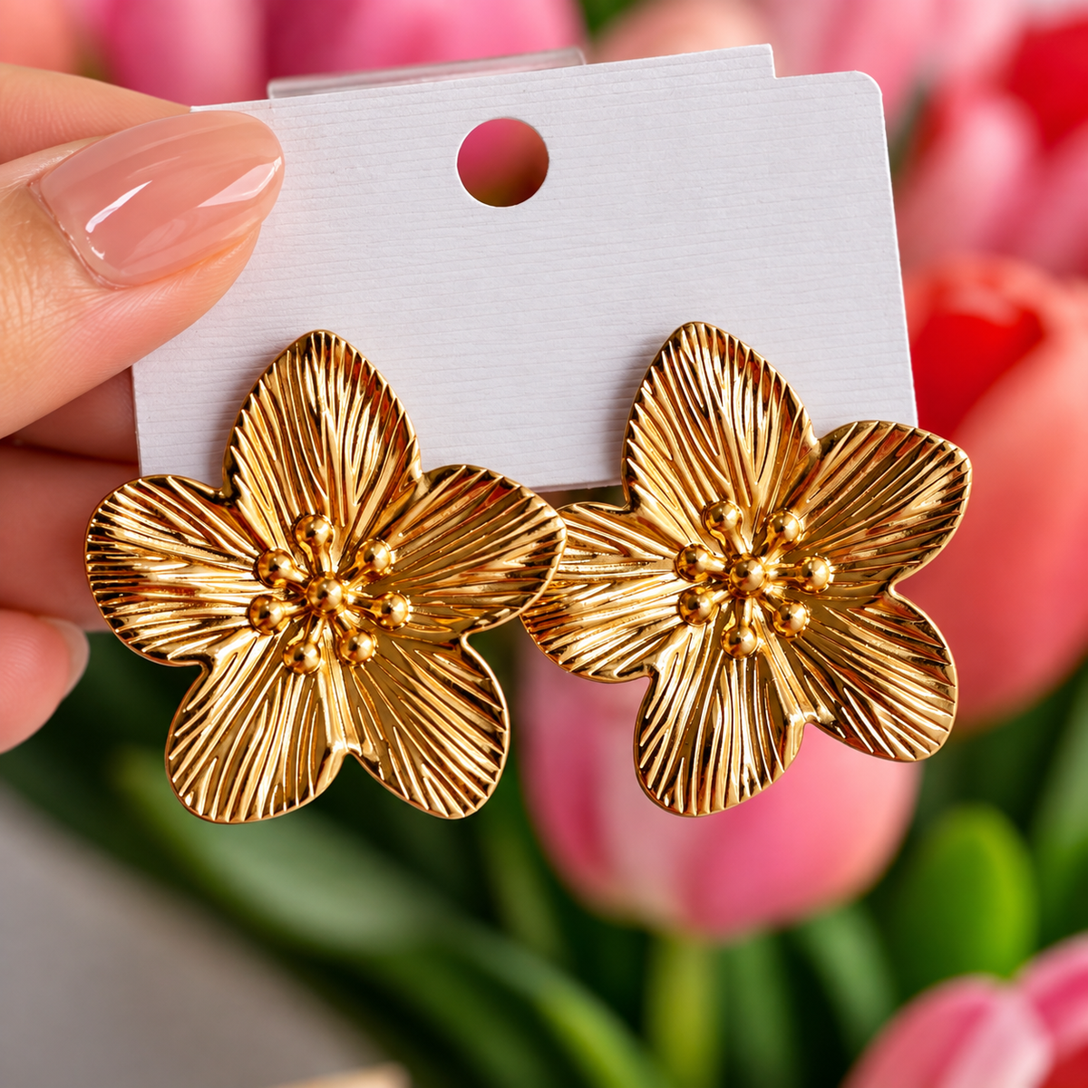 Gold Toned Chunky Flower Stud Earrings for Women