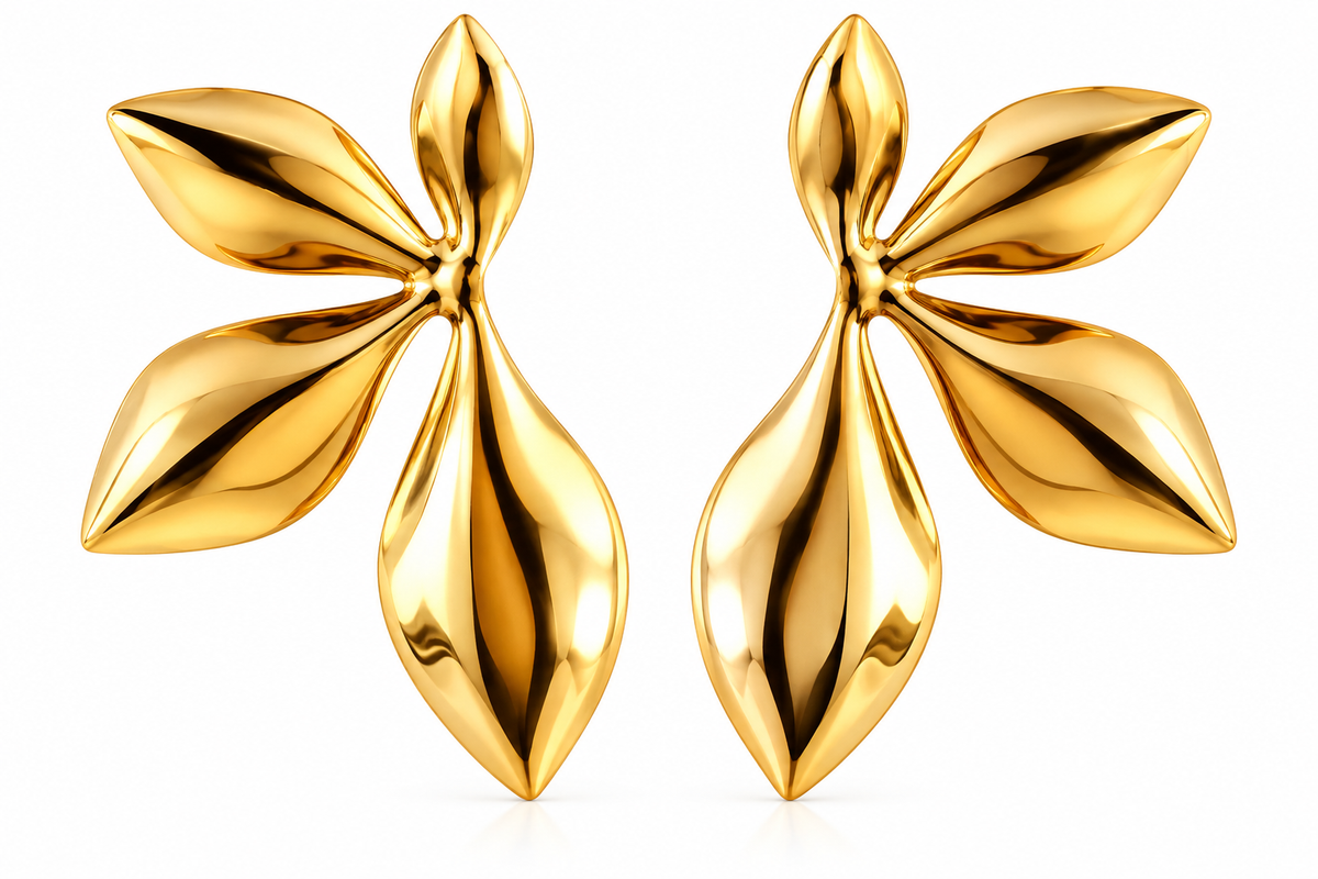 Gold Toned Chunky Four Petal Stud Earrings for Women on white background