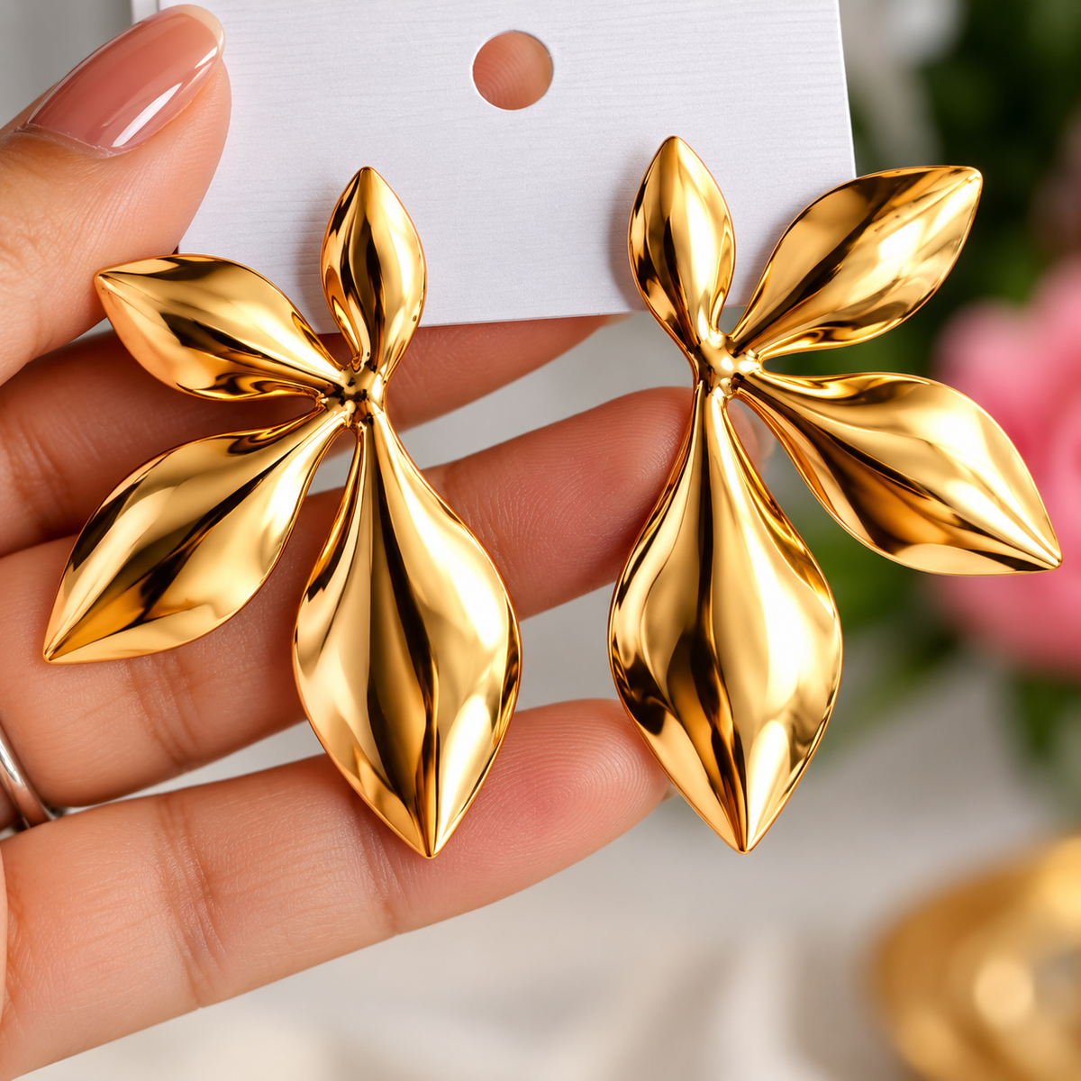 Gold Toned Chunky Four Petal Stud Earrings for Women