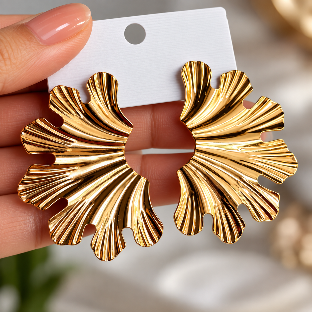 Gold Toned Chunky Half Petal Stud Earrings for Women
