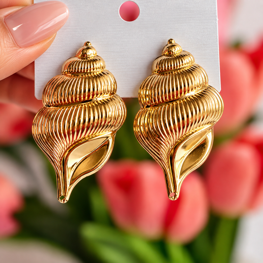 Gold Toned Chunky Shell Stud Earrings for Women