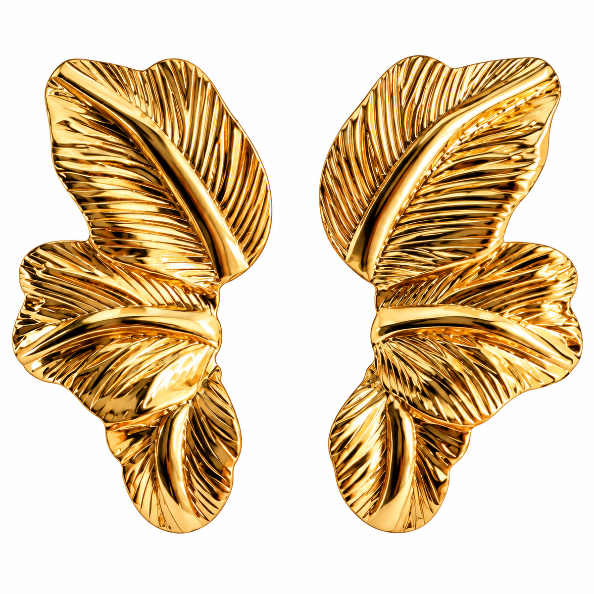 Gold Toned Chunky Three Leaf Stud Earrings for Women on white background