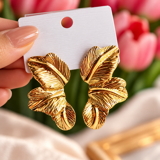 Gold Toned Chunky Three Leaf Stud Earrings for Women