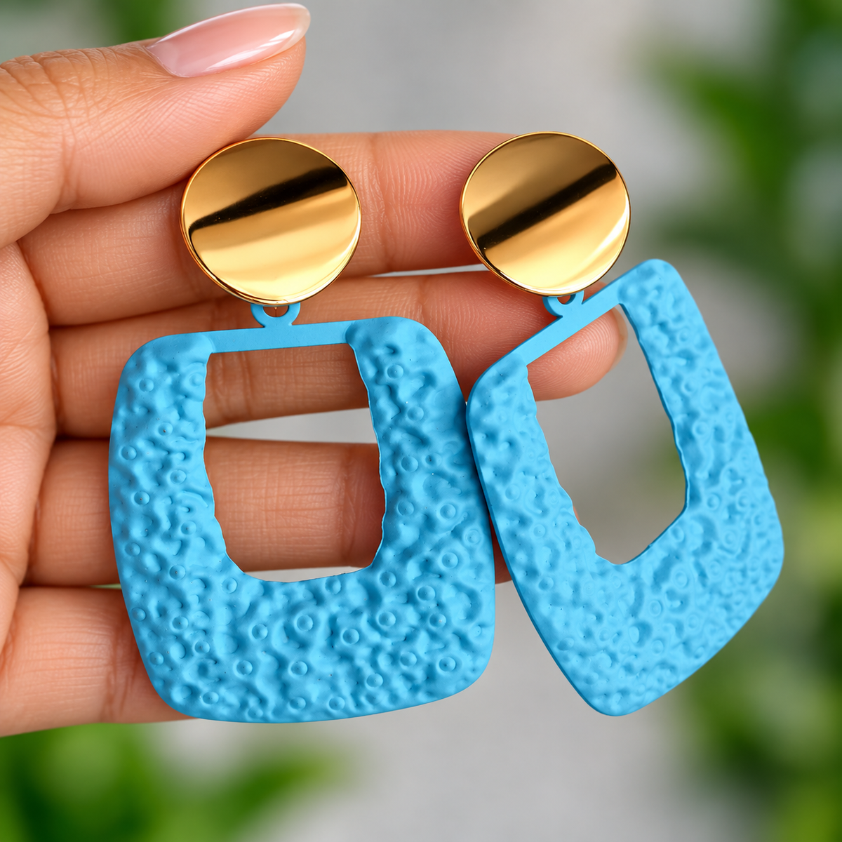 Gold Toned Light Blue Textured Square Stud Earrings for Women