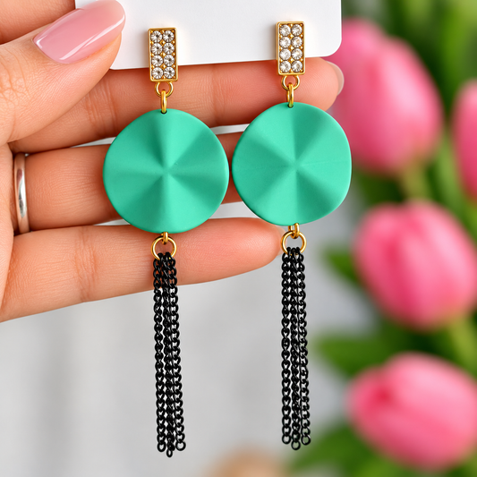 Gold Toned Mint Green Disc Black Chain Dangler Earrings for Women