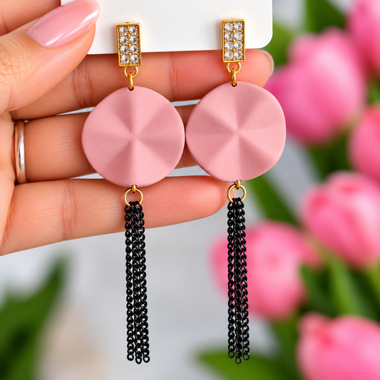 Gold Toned Pink Disc Black Chain Dangler Earrings for Women