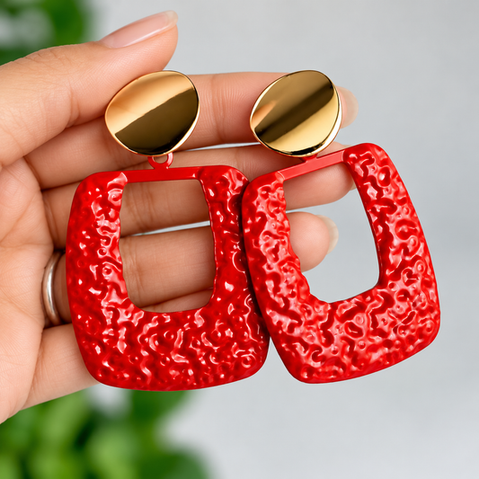 Gold Toned Red Textured Square Stud Earrings for Women
