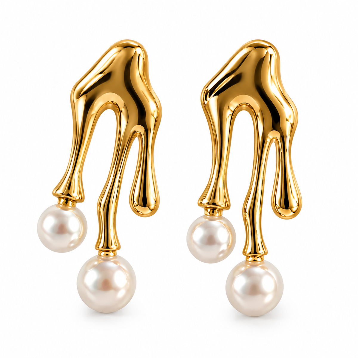 Gold Toned Three Finger Pearl Drop Chunky Stud Earrings for Women on white background