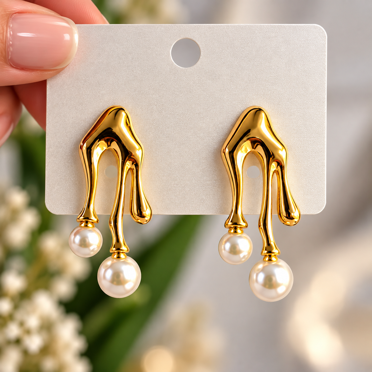 Gold Toned Three Finger Pearl Drop Chunky Stud Earrings for Women